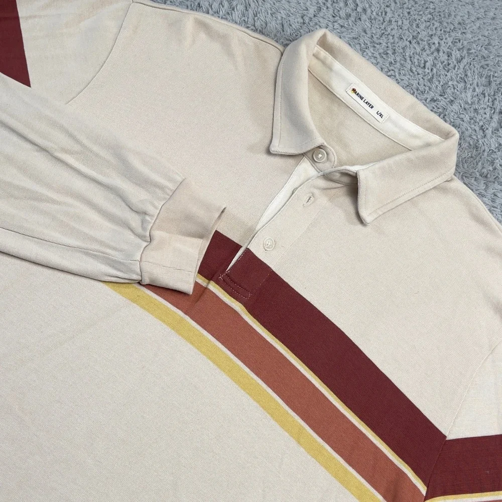 Marine Layer Polo Shirt Mens L XL Tan Long Sleeve Retro Stripe Cotton Modal Soft